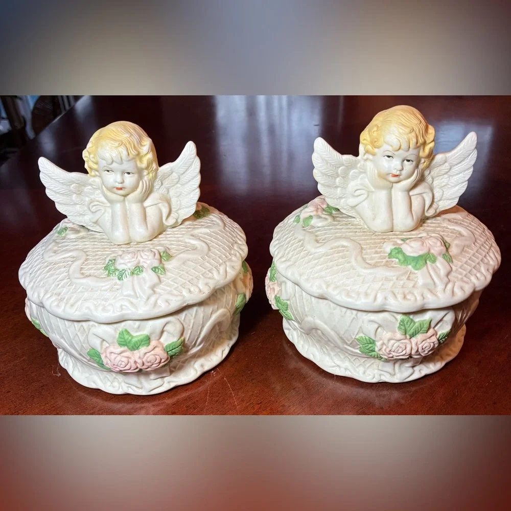Vintage Cherub Angel Trinket Box | 7” Porcelain Keepsake Jewelry Box